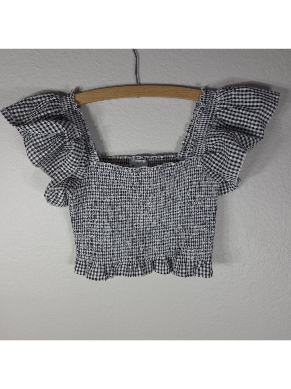 Sincerely Jules Black White Gingham Check Smocked Crop Top XS Square Neck